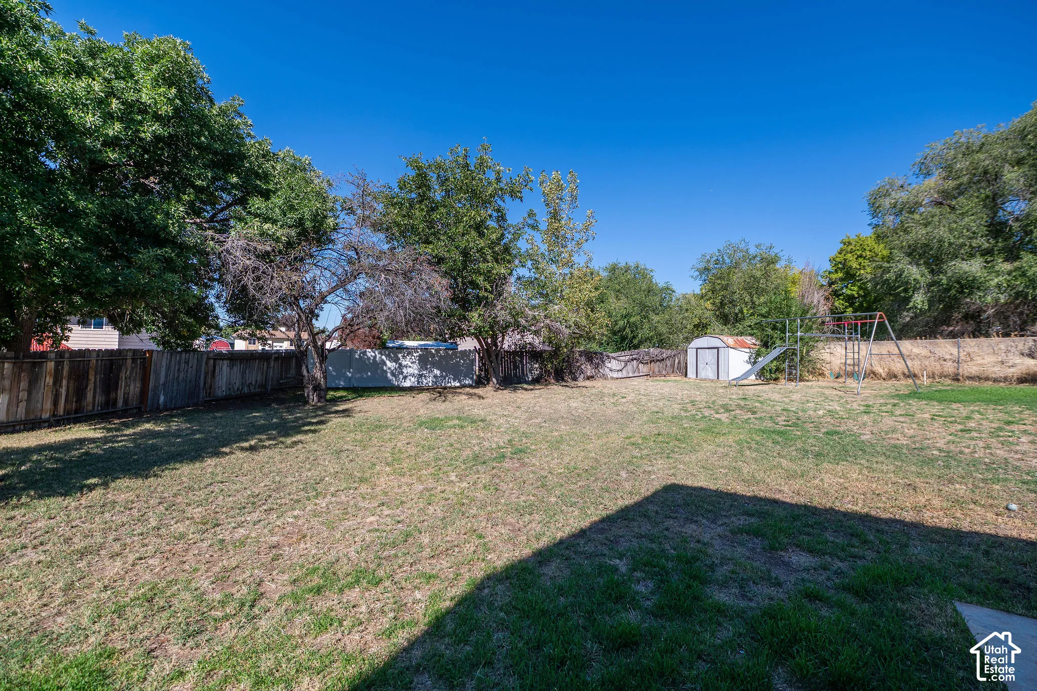 Expansive grassy yard with mature trees and a privacy fence