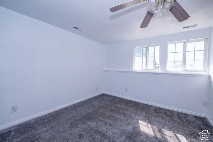 Plush carpeting, neutral wall finishes, and a ceiling fan fixture