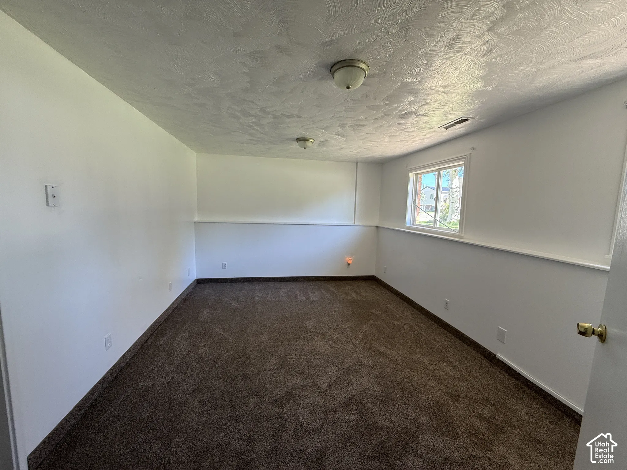 White painted walls, textured ceiling, brown carpet flooring, and a single window