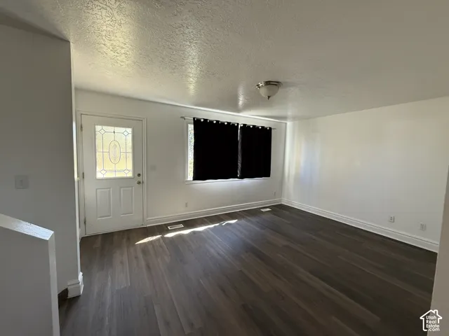 Hardwood-look flooring, white walls, decorative glass entry door, window with white trim, and a ceiling-mounted light fixture