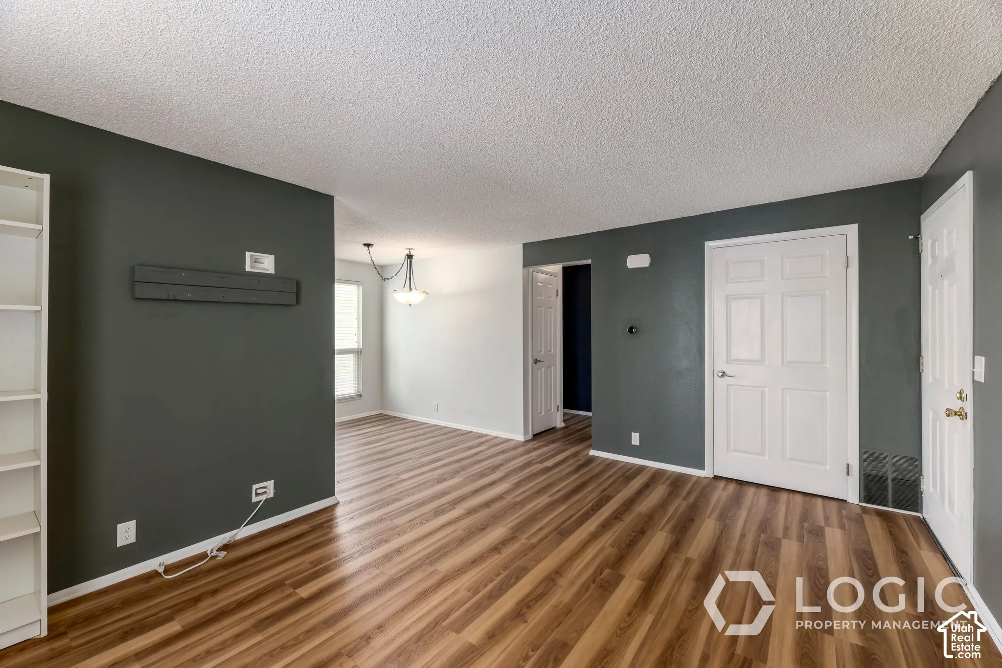 Wood-finish flooring throughout, white two-panel doors, and built-in shelving
