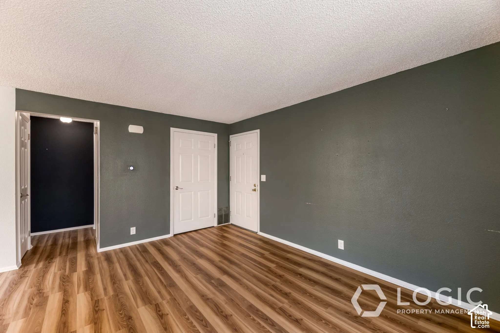 Wood-finish flooring, white trim, textured walls, and multiple panel doors