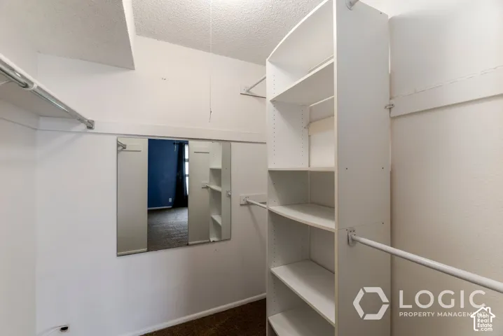 White built-in shelving, chrome hanging rods, and a large wall-mounted mirror