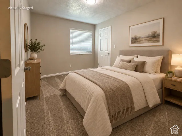 Plush carpeting, neutral wall color, contemporary overhead lighting, and white paneled door