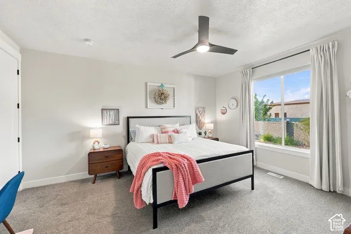 Spacious room featuring a large window, neutral wall tones, and plush carpeting