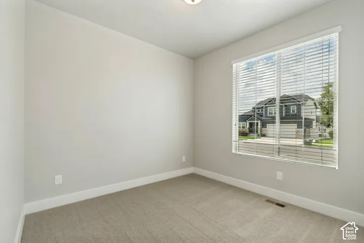 Neutral wall color, carpeted flooring, window with blinds, ceiling light fixture, white trim
