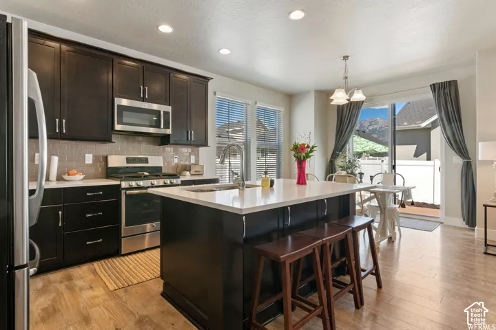 Dark wood-finish cabinetry, stainless steel appliances, light wood-finish flooring, central island with seating, and a sliding glass door to an outdoor area