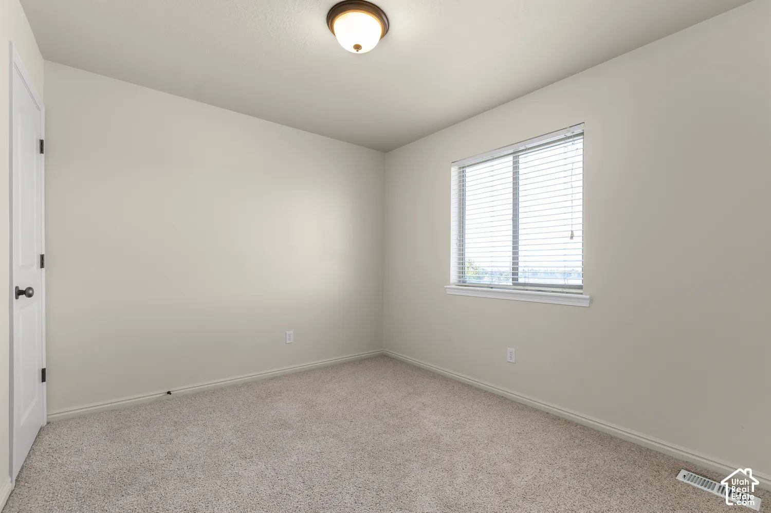 Neutral wall tones, carpeted flooring, a single window with blinds, a white door with black hardware, and a ceiling-mounted light fixture