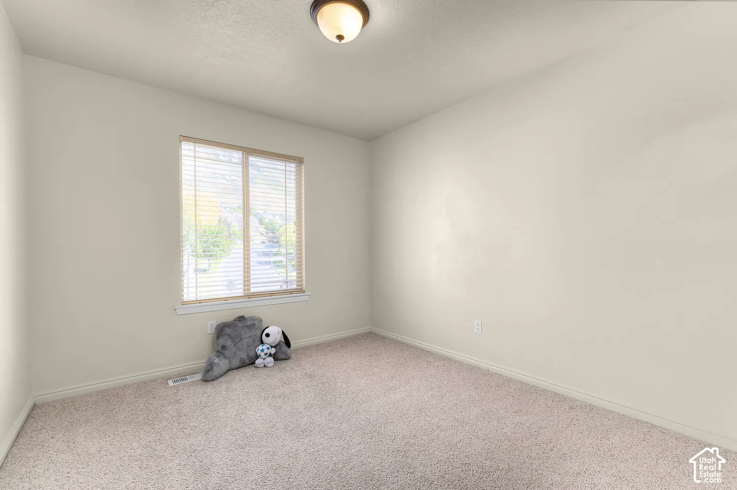 Neutral-toned walls complement the light-colored carpet flooring