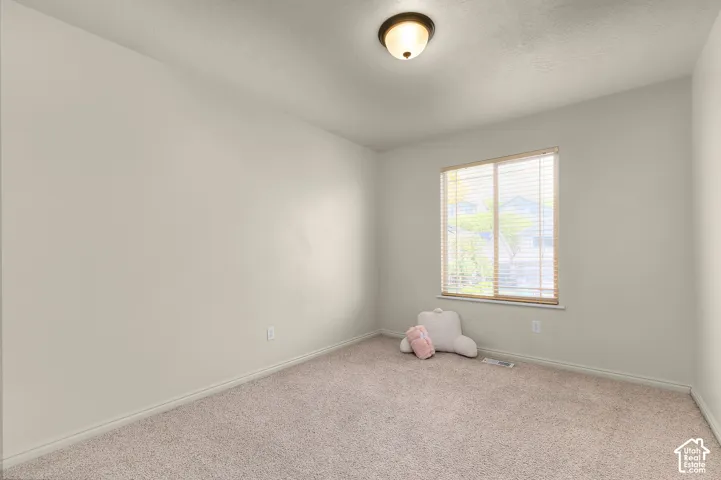 Neutral wall paint, ceiling-mounted light fixture, window with horizontal blinds, and carpet flooring