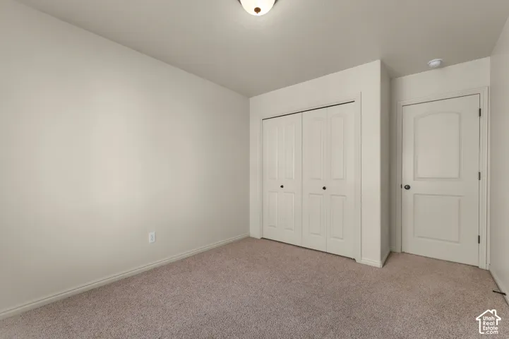 Neutral wall color, carpet flooring, a flush-mount ceiling light fixture, a bi-fold closet, and a paneled interior door
