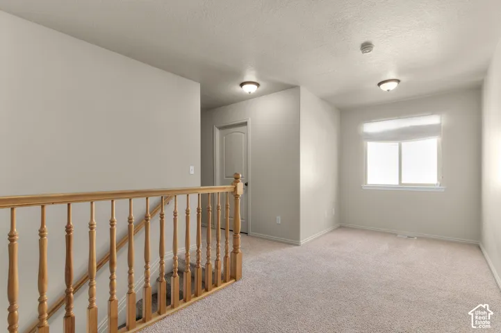 Loft Area-Carpeted interior space featuring a multi-pane window, flush-mount lighting, and a wood railing with balusters