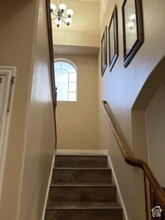 Staircase featuring wood-finish treads, a wood handrail, and an arched window