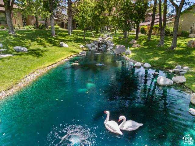 Manicured grounds featuring a tranquil waterway, lush green lawns, mature trees, and decorative rock elements