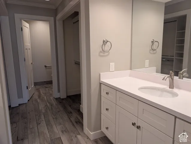Wood-finish flooring throughout, white shaker vanity with dual sinks, brushed nickel fixtures, and a large wall-mounted mirror