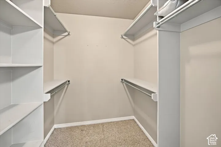 Walk-in closet with carpet flooring, built-in shelving, and hanging rods