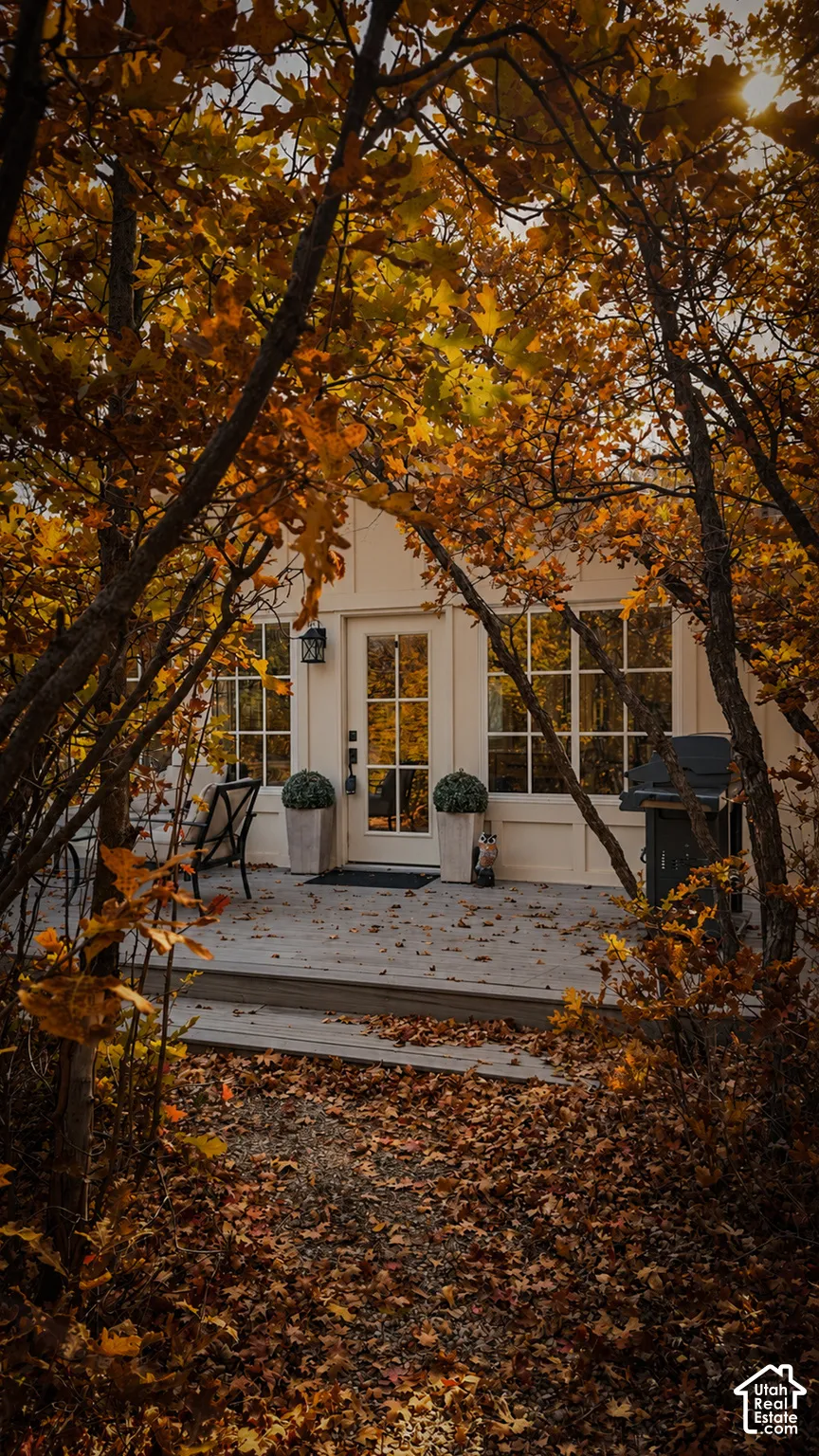 Ground-level exterior deck featuring paneled siding, multi-pane glass entry door, and large-format glass window panels