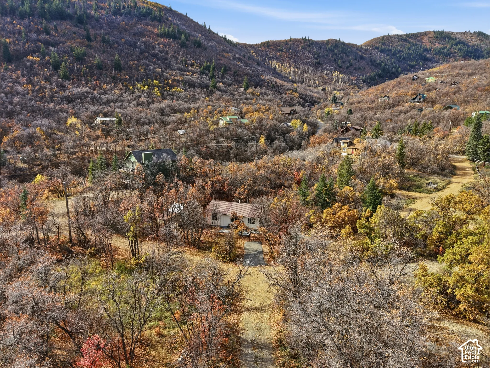Single-story residence set amidst a landscape of mature deciduous trees and native vegetation, featuring a paved driveway and prominent mountain topography