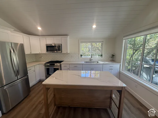 White shaker cabinetry with stainless steel appliances, subway tile backsplash, and light-toned countertops