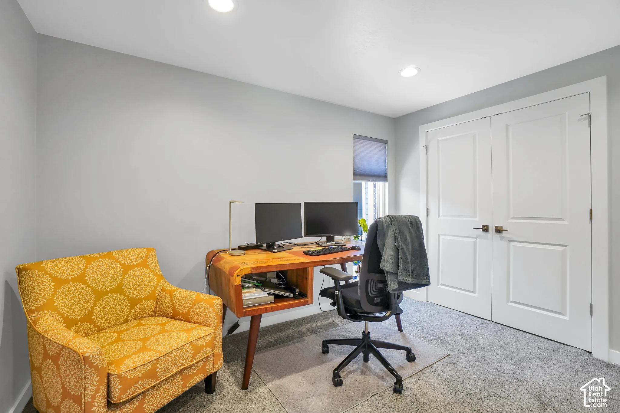 Recessed lighting, light gray wall finish, window with roller shade, white double-panel doors, and gray carpeting