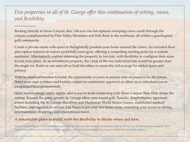 Marketing Brochure, Property Description. Detailing property features, location, and potential uses for the property