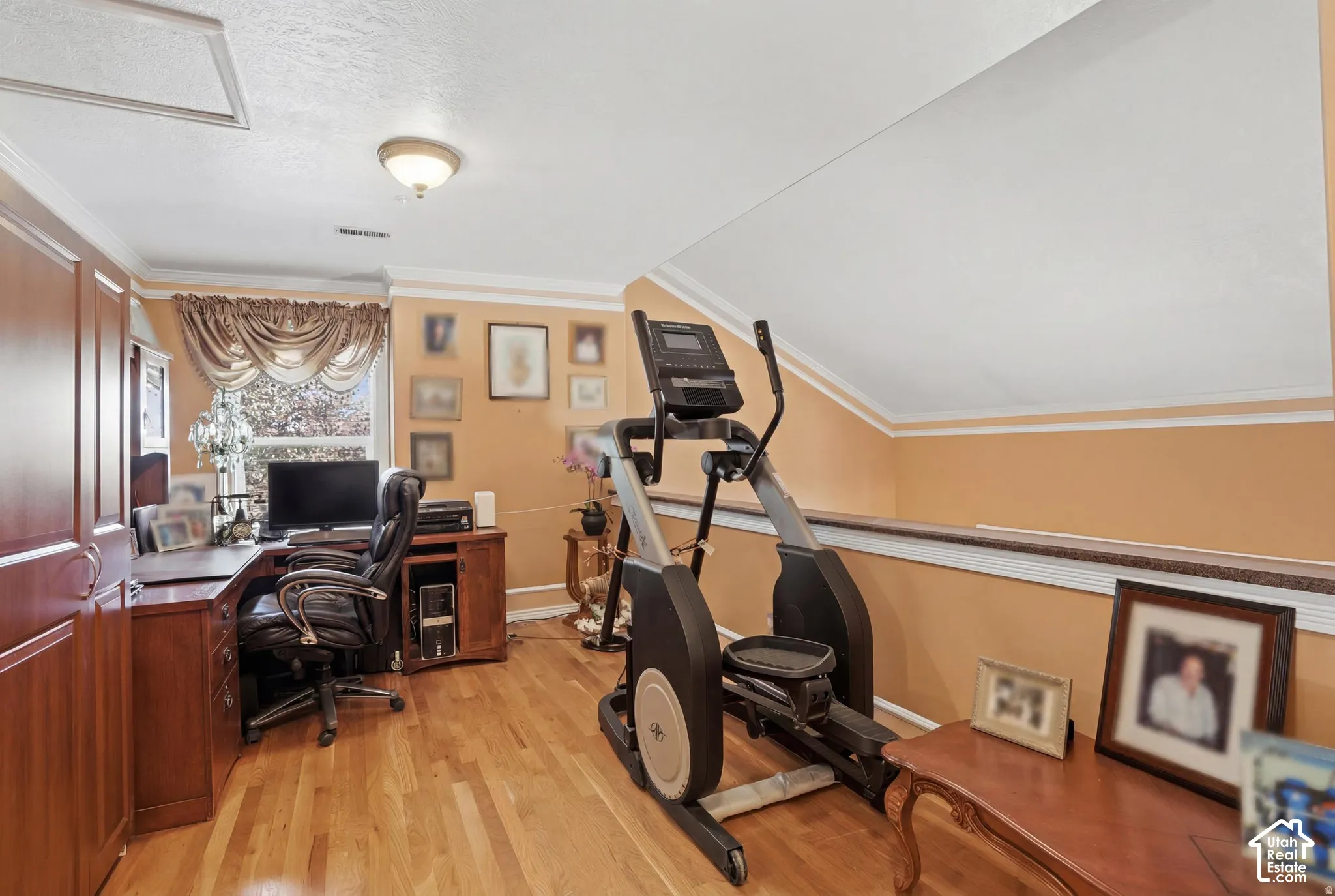 Wood-finish flooring with built-in cabinetry, crown molding, and a window with natural light