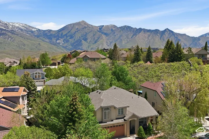 Expansive mountainous backdrop frames a residential neighborhood with diverse architectural styles and mature landscaping