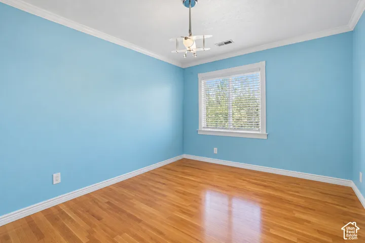 Hardwood flooring, crown molding, window with blinds, ceiling-mounted light fixture