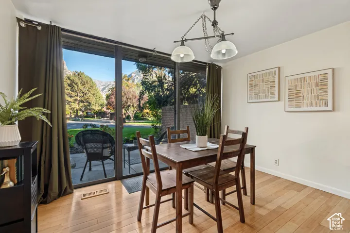 Hardwood flooring, sliding glass door, recessed patio, mountain backdrop, and suspended light fixture