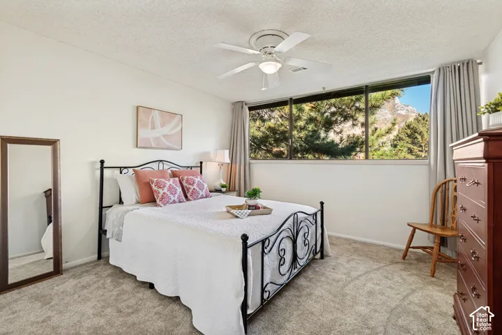 Wall-to-wall carpeting and a ceiling fan with integrated lighting