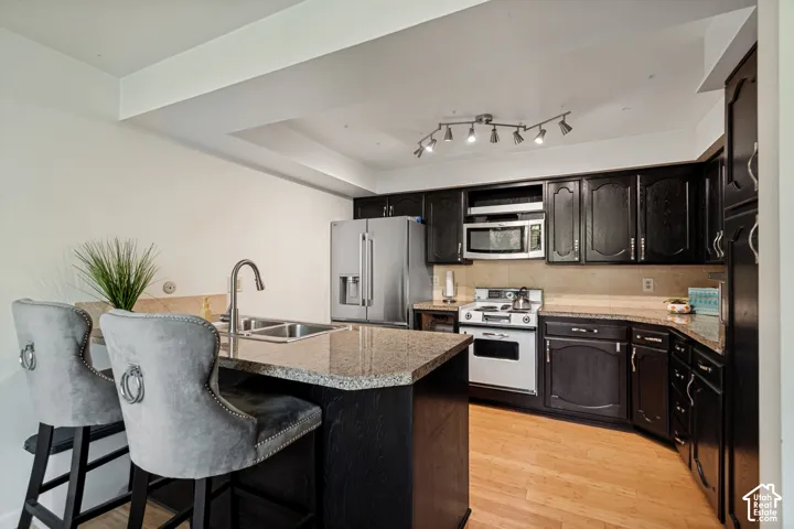Kitchen featuring dark wood cabinetry, granite countertops, stainless steel appliances, and wood-finish flooring