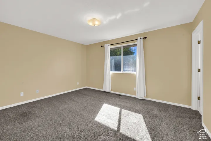 Neutral-toned interior space featuring wall-to-wall carpeting, a sliding glass window, and a flush-mount ceiling light fixture