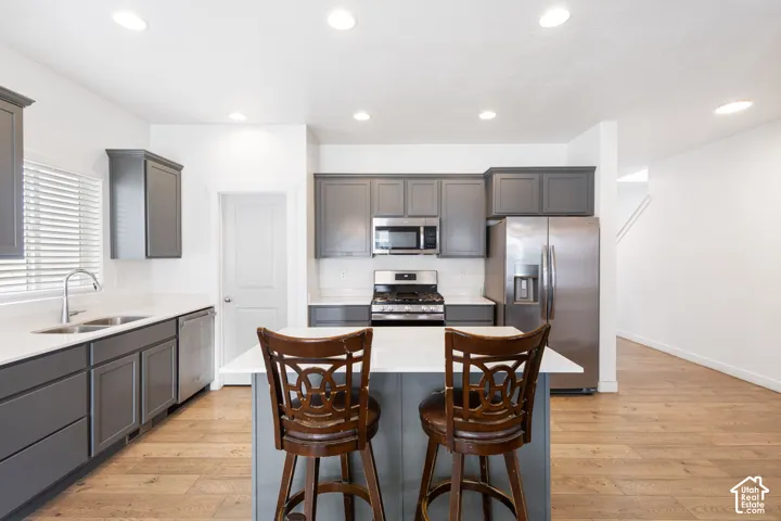 Modern kitchen featuring wood-finish flooring, gray cabinetry, white countertops, stainless steel appliances, and a central island with seating