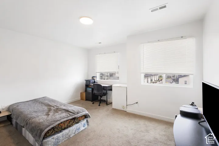 Recessed ceiling light fixture, two windows with horizontal blinds, and carpeted flooring