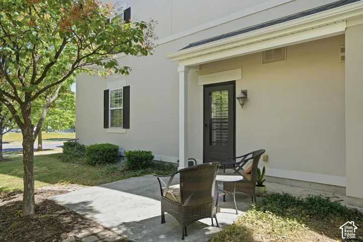 Covered entry with dark-paneled door, exterior wall lantern, and concrete patio