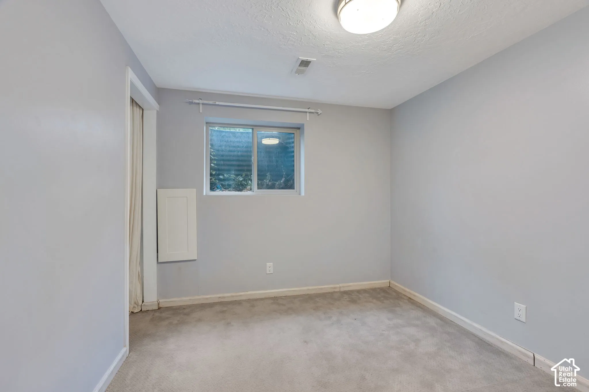Recessed window with exterior foliage, wall-to-wall carpeting, and a flush-mount ceiling light