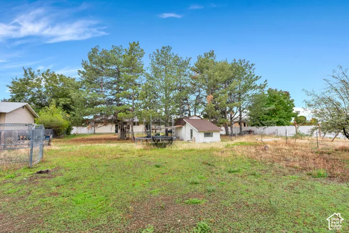 Expansive lot featuring a detached auxiliary structure, mature trees, and chain-link fencing
