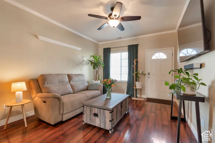 Hardwood-finish flooring, crown molding, white paneled entry door with an arched transom, and a ceiling fan with integrated lighting