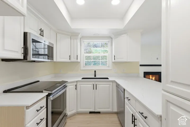 White cabinetry, light-toned countertops, built-in stainless steel microwave, black sink fixture, and a window above the sink
