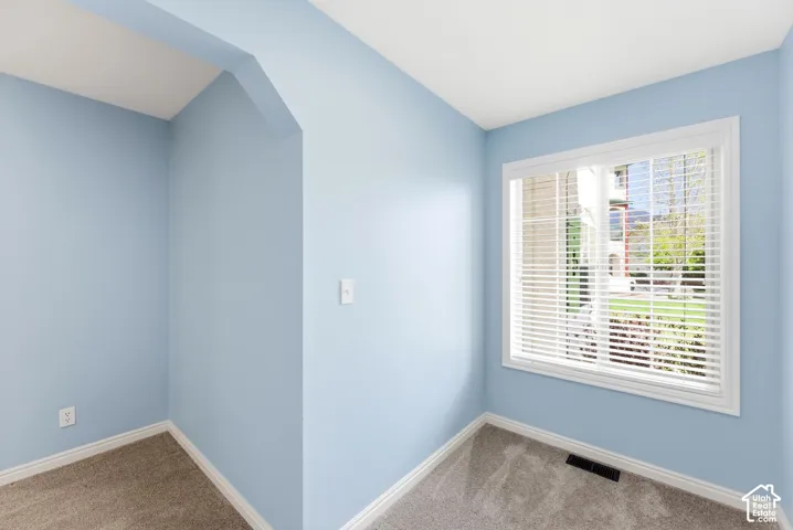 Light blue painted walls with white trim and carpeted flooring