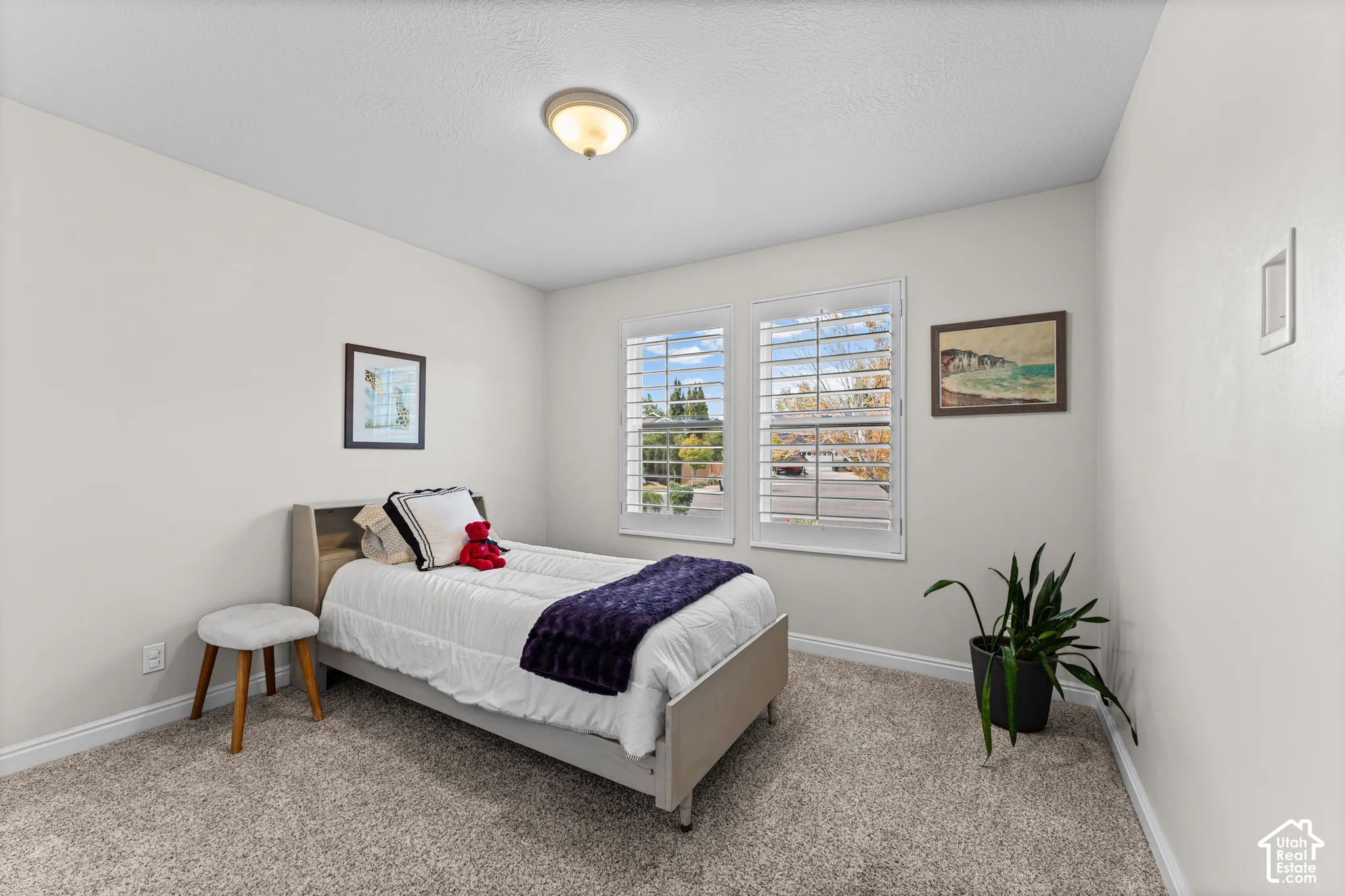Carpeted flooring, dual windows with plantation shutters, ceiling-mounted light fixture, and neutral wall paint