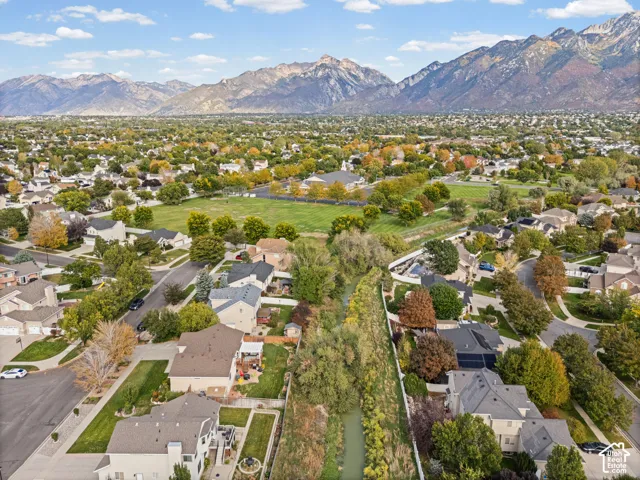 Expansive neighborhood showcasing established residential properties, mature trees, a central green space, and distant mountain ranges