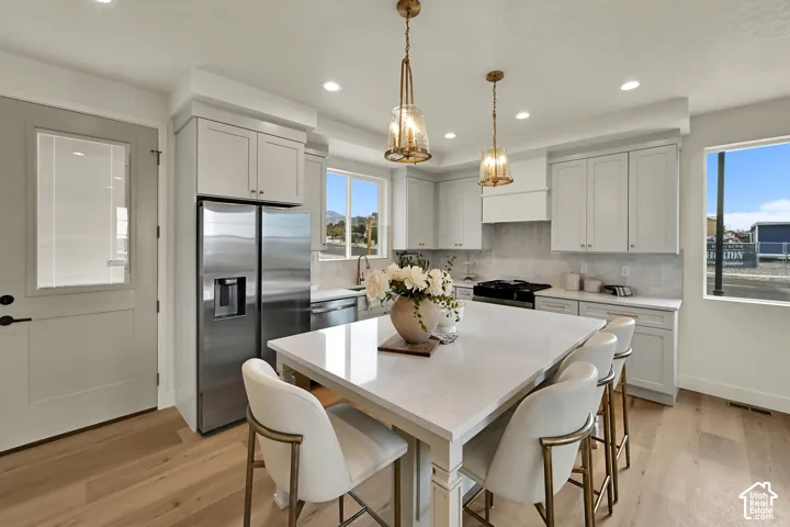 Gourmet kitchen featuring a large central island, light cabinetry, stainless steel appliances, and wood-finish flooring