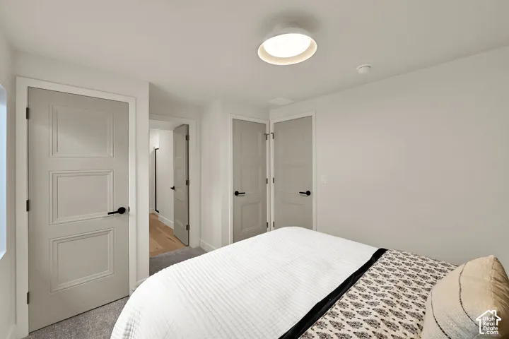 Recessed lighting, light gray paneled doors, matte black door hardware, and gray carpeting