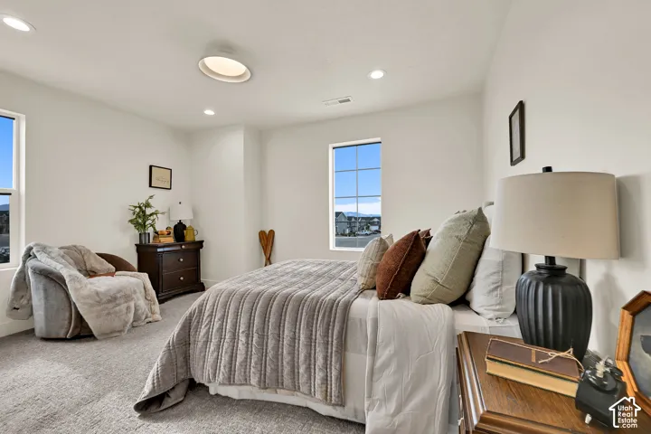 Recessed lighting, broad windows with grid pattern, neutral wall tones, carpeted flooring, and a circular ceiling light fixture