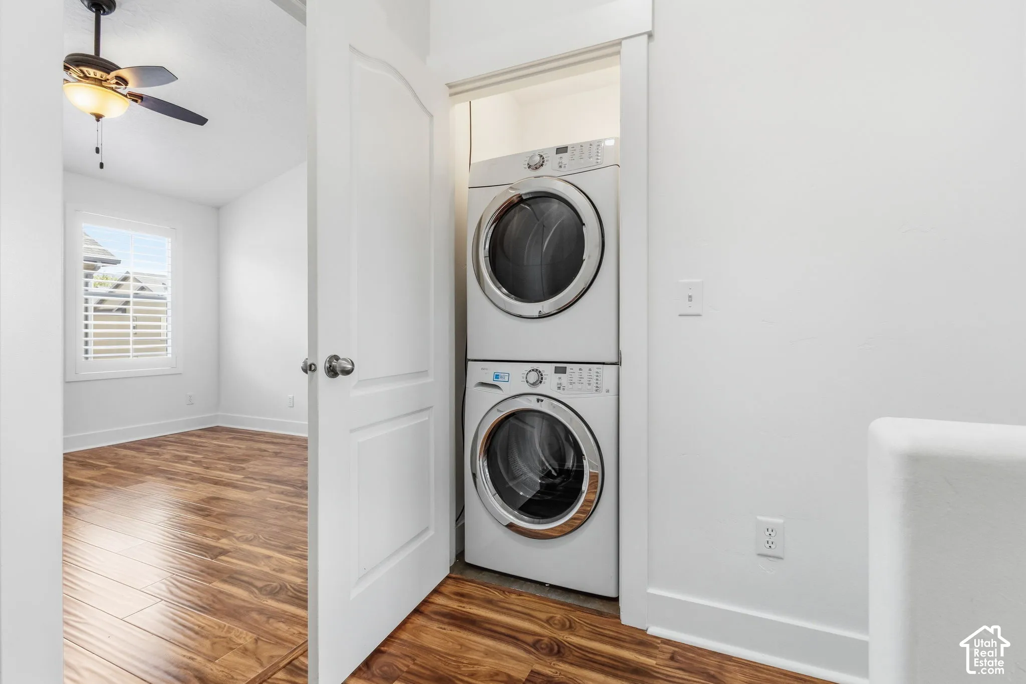 Stackable laundry appliances within a dedicated closet