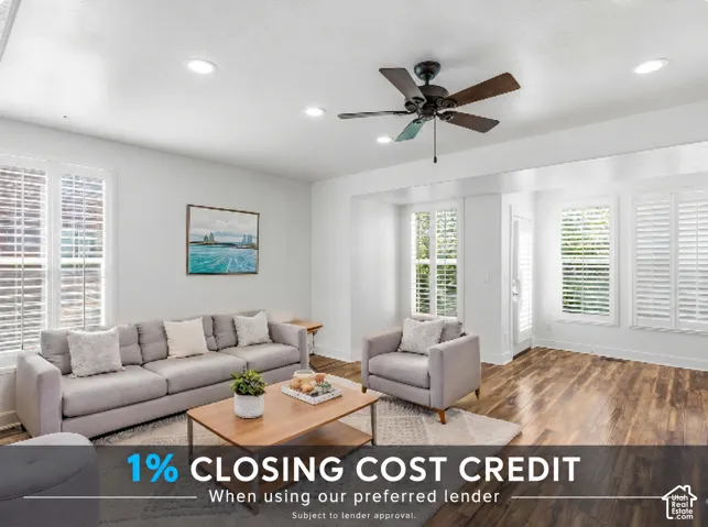 Wood-finish flooring, recessed lighting, ceiling fan, and plantation shutters