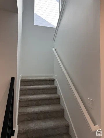 Carpeted staircase with contrasting handrails, overhead window, and light-toned walls
