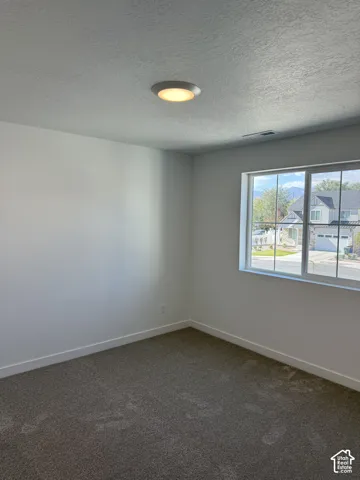 Wall-to-wall carpeting with white baseboards and a flush-mount ceiling light fixture