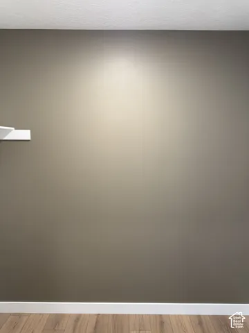 Wall with neutral paint color, wood-finish flooring, and white trim